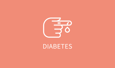 Simple white pricked finger icon on a pink background representing diabetes.