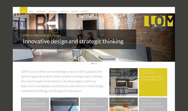 Architecture website LOM homepage shown on grey background.